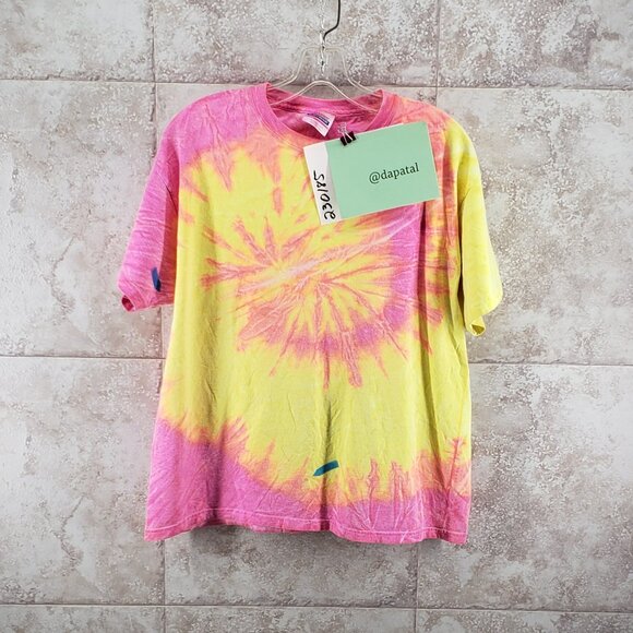 Adult Bright Hanes Pink Yellow Preshrunk Swirl Tie Dye T Shirt Size L 42- 44 - Picture 6 of 6